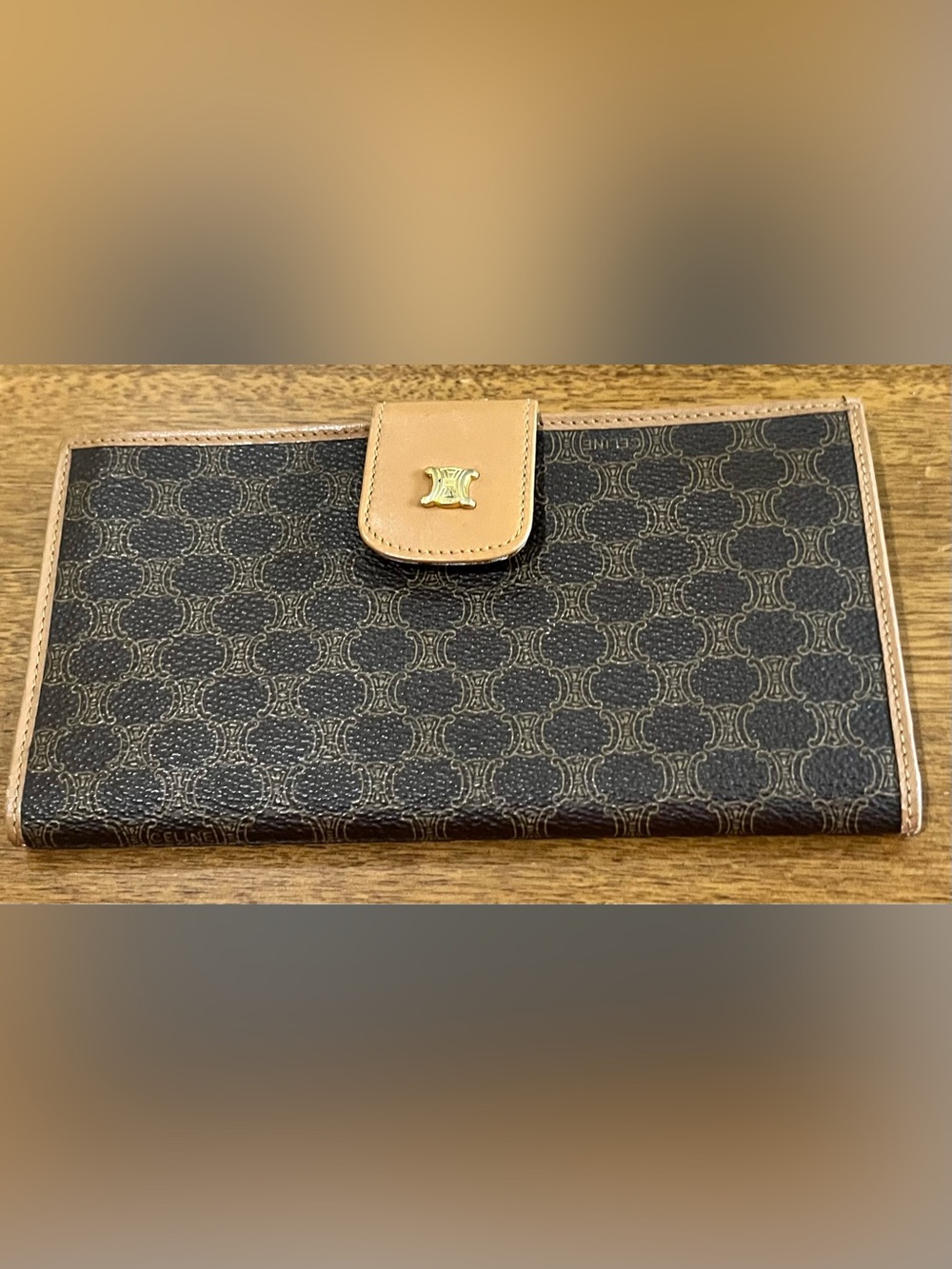 Celine Brown & Tan Monogram Canvas Wallet with Gold Logo